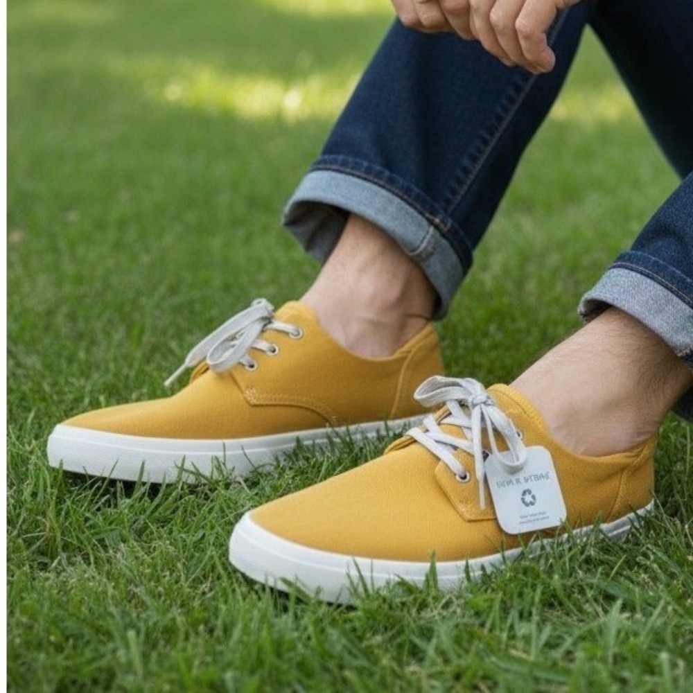NWT Sun + Stone Mens Mustard Yellow Canvas Sneakers Recycled M 11 Low Top Shoes